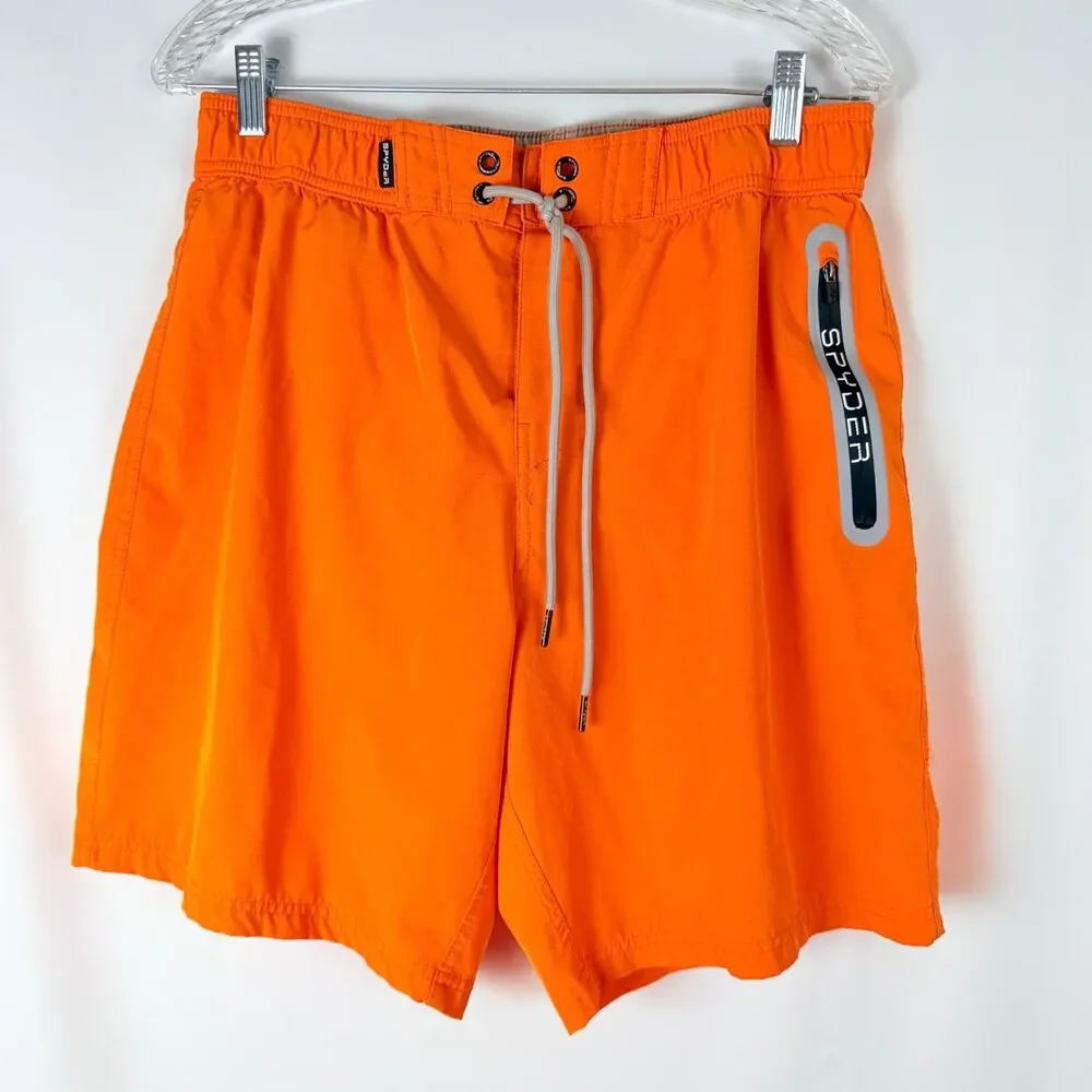 Spyder Boys Board XL Shorts Swim Sand Sun Trunks Orange Neon Print Tie Waist